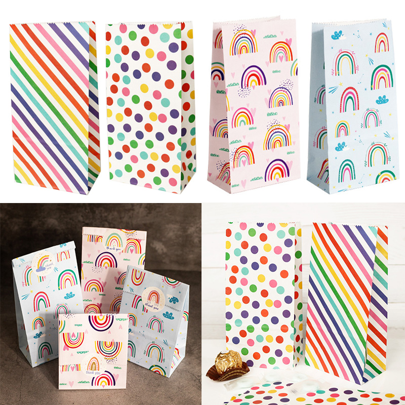 Wedding Favor Box - ถุงกระดาษขนาดเล็ก Rainbow พิมพ์ Candy คุกกี้กระเป๋าสีชมพูเด็กของขวัญวันเกิดกระเป๋ากล่อง DIY