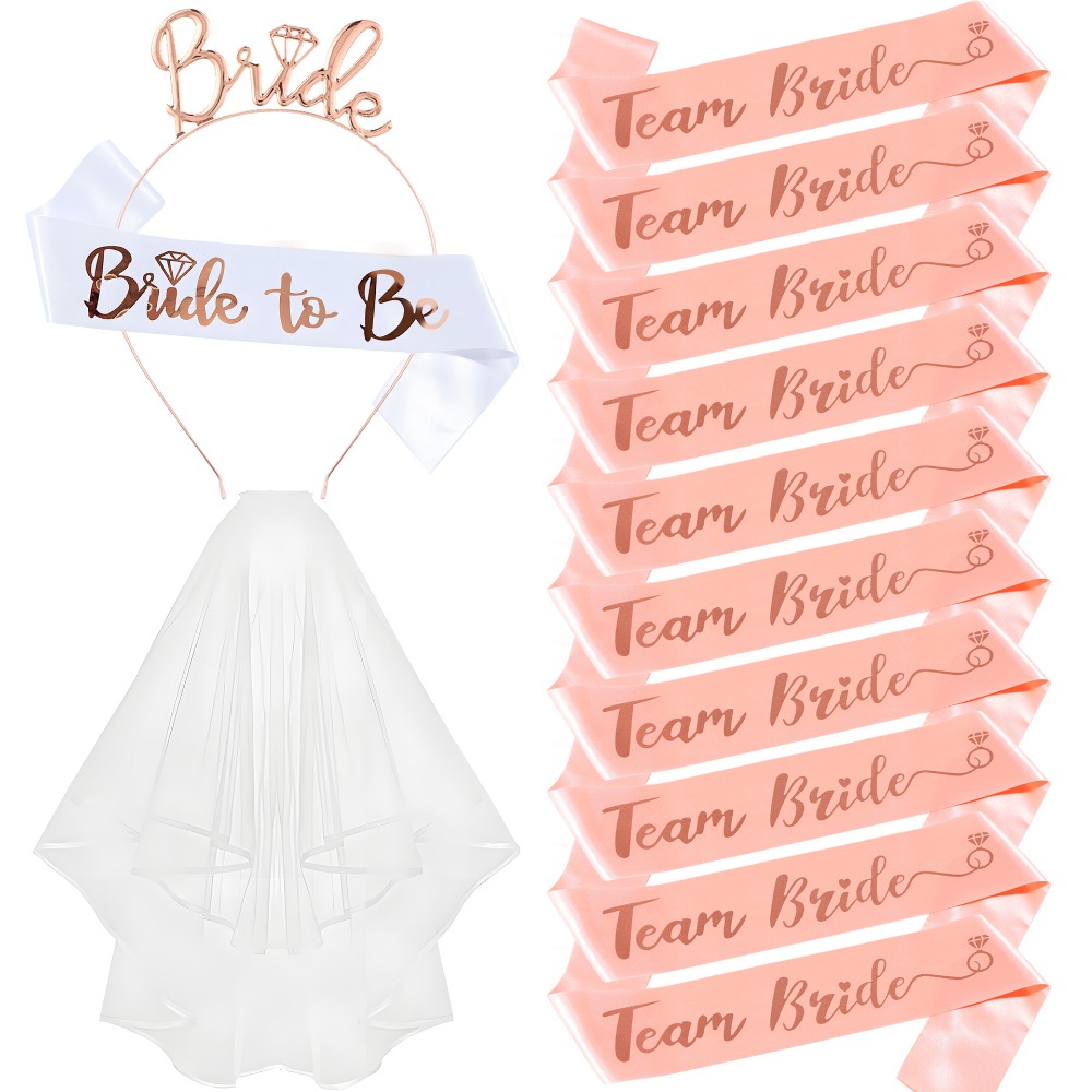 Bride Tribe Sash - ชุดอุปกรณ์ปาร์ตี้สละโสด 13 ชิ้น ผ้าคาดเอว ผ้าคาดผม และผ้าคลุมหน้าเจ้าสาว