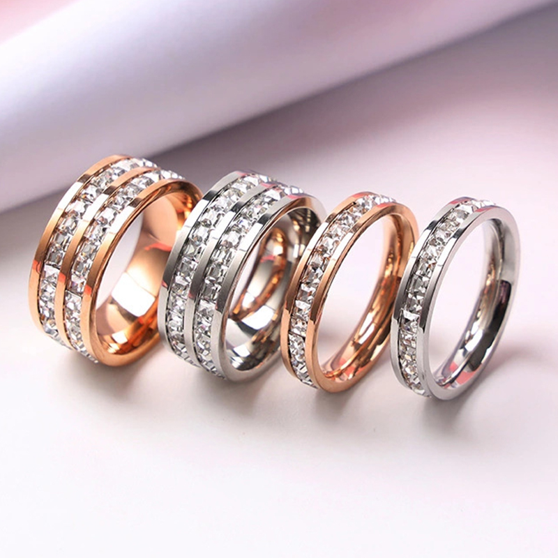 Wedding Z - Luxury Rose Gold สีเดี่ยวคู่แถวสแควร์เพทายแหวนสแตนเลสผู้หญิงโรแมนติก Engageme เครื่องประดับงานแต่งงาน