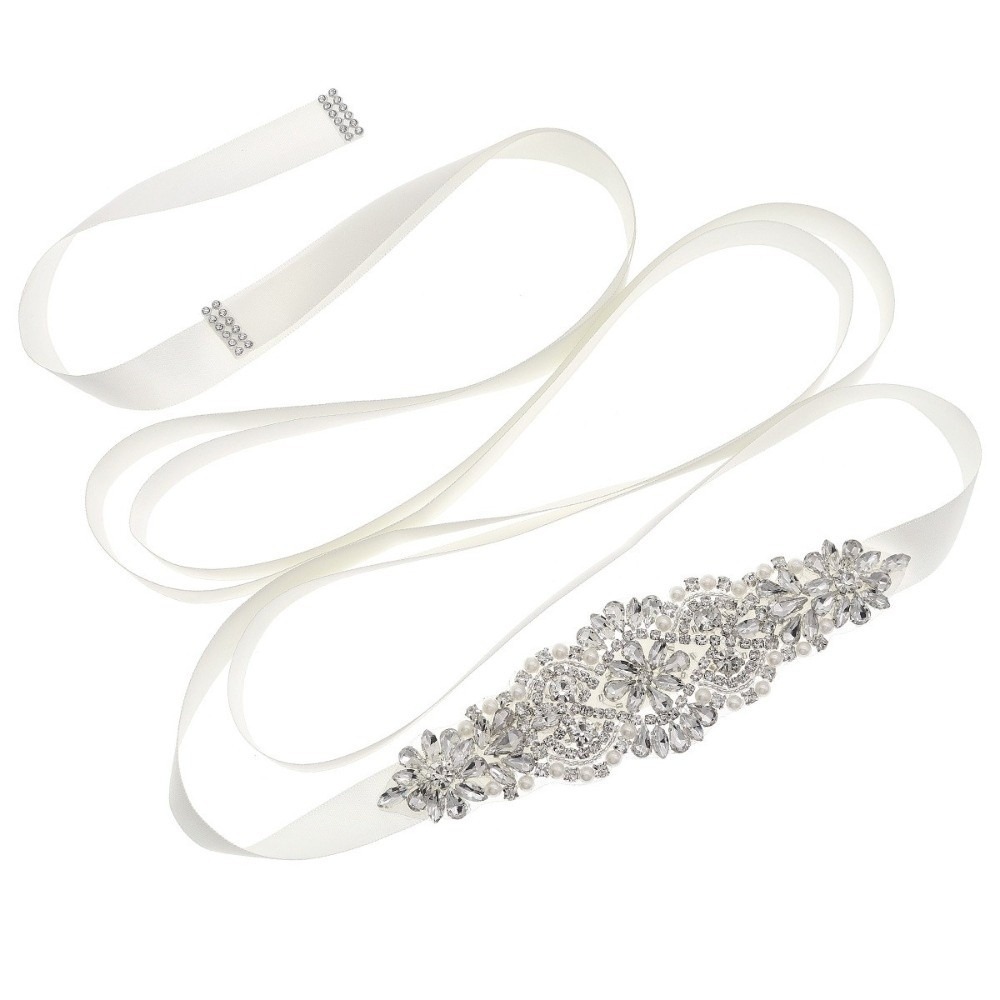 Bridal Sash Ribbon - เข็มขัดแฟชั่นสำหรับเจ้าสาว สีเงิน เข็มขัดแต่งงานแบบยาว ประดับด้วยคริสตัล สไตล์เกาหลี สายคาดเอวสำหรับเจ้าสาว