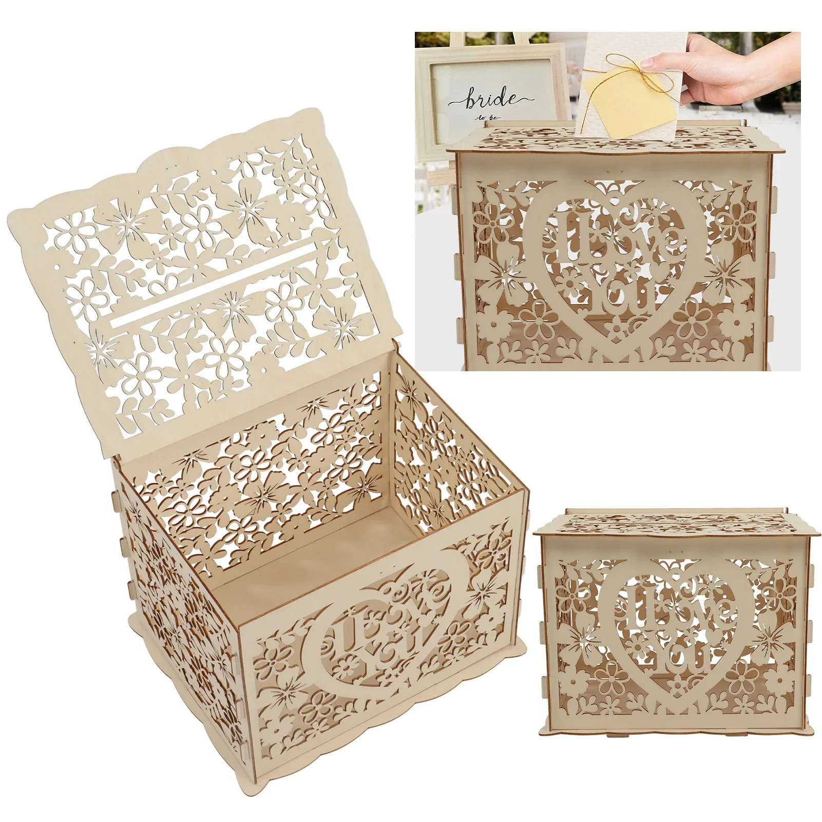 Wedding Card Box - กล่องไม้แบบกลวงสำหรับใส่บัตรของขวัญกล่องสำหรับงานแต่งงานงานต้อนรับประกอบง่าย