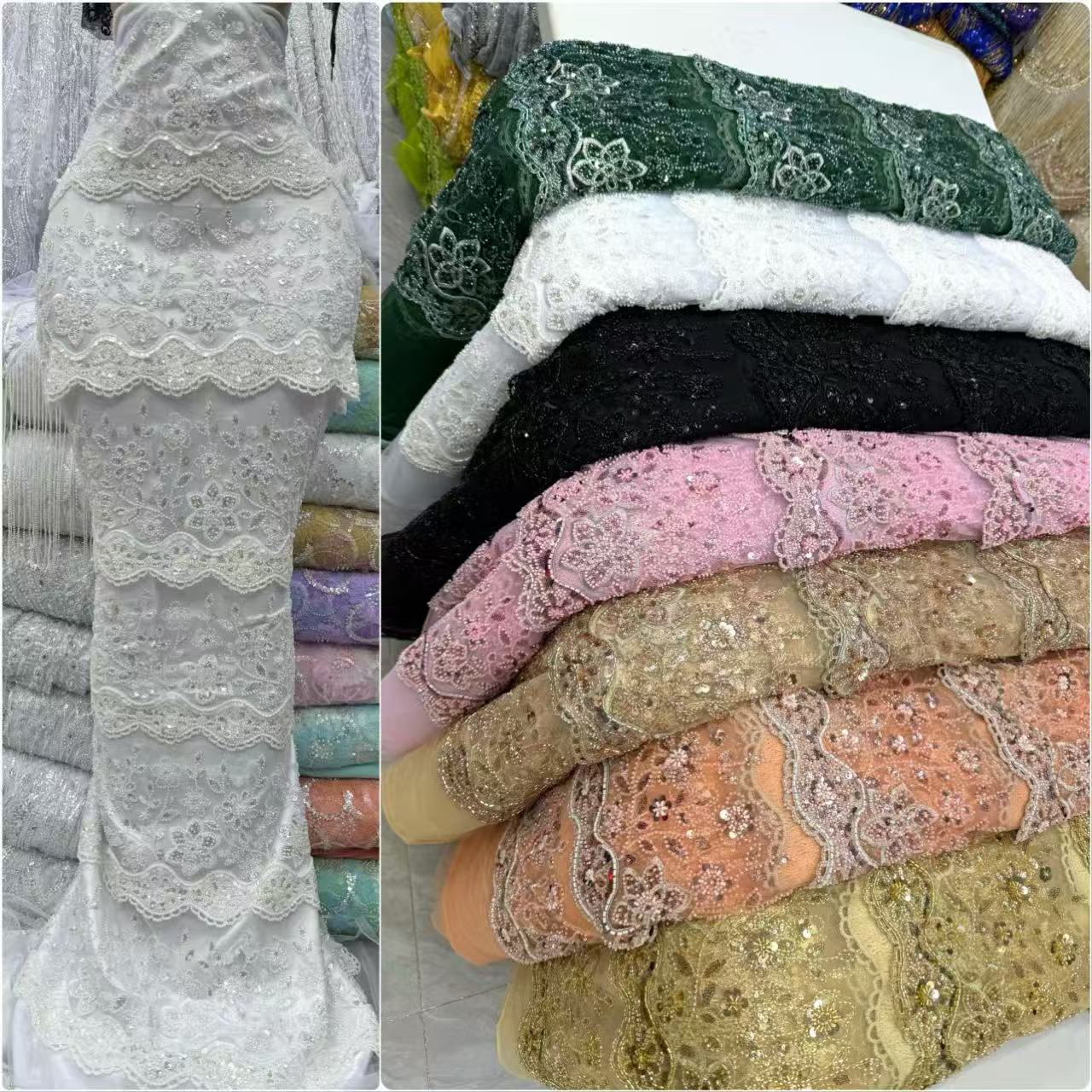 Wedding Dress Supply - ผ้าลูกไม้ประดับลูกปัดแอฟริกันคุณภาพสูง วัสดุชุดแต่งงานแบบประดับเลื่อมสไตล์ไนจีเรีย เหมาะสำหรับตัดเย็บชุดเดรสหรูหรา ชุดเจ้าสาว