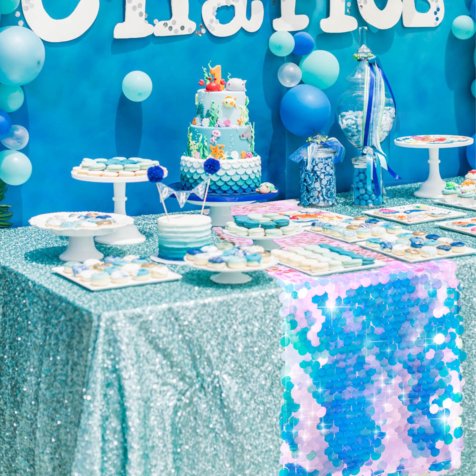 Mermaid Party Table Runner Mer - Table Runner Sequin บทวิจารณ์และราคา