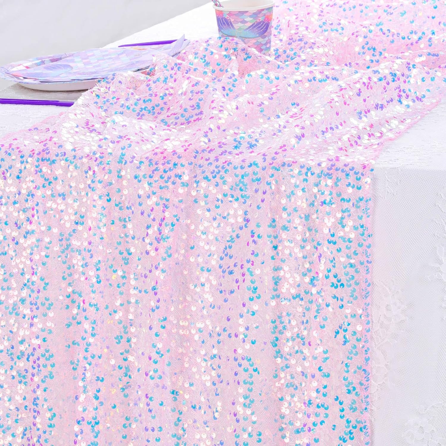 ผ้าปูโต๊ะกลิตเตอร์สีชมพู 4 ชิ้ - Table Runner Sequin บทวิจารณ์และราคา